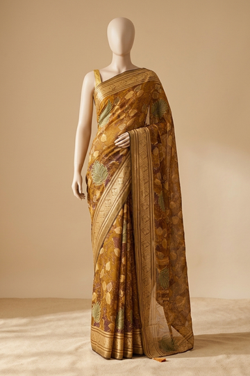 Mustard Georgette Brasso Saree With Unstitched Blouse