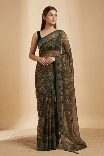 Mehndi Shimmer Saree With Unstitched Blouse
