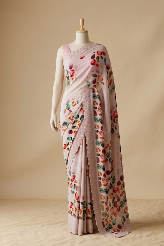 Peach Georgette Saree With Unstitched Blouse