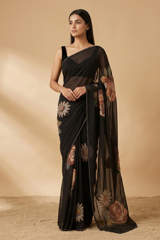 Black Georgette Saree With Unstitched Blouse