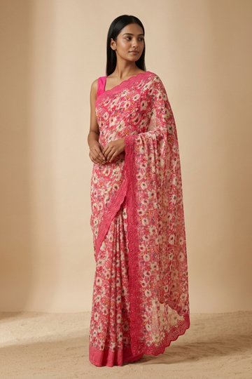 Coral Georgette Brasso Saree With Unstitched Blouse