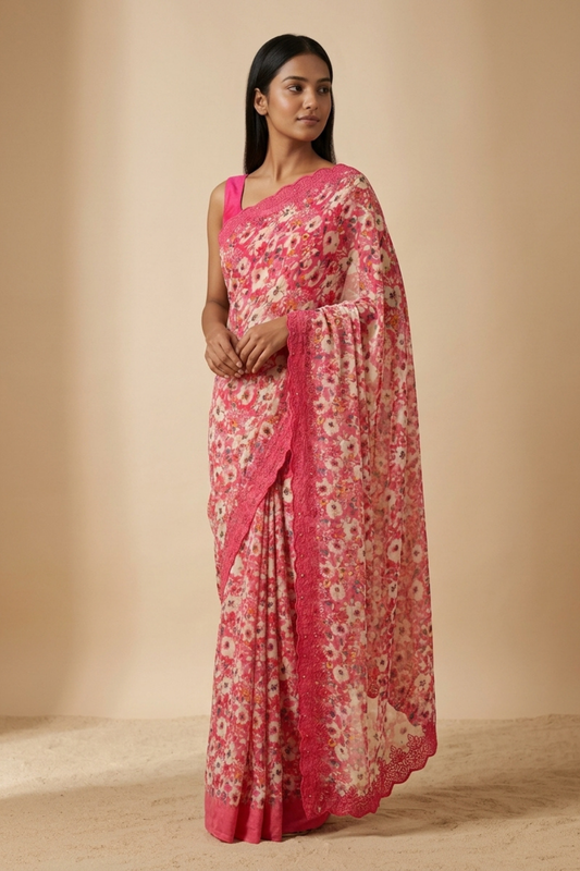 Coral Georgette Brasso Saree With Unstitched Blouse
