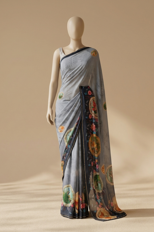 Grey Georgette Saree With Unstitched Blouse