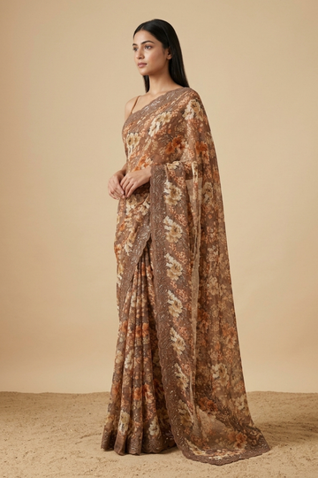 Chikoo Shimmer Saree With Unstitched Blouse