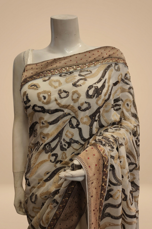 White Chiffon Embroidered Saree With Unstitched Blouse