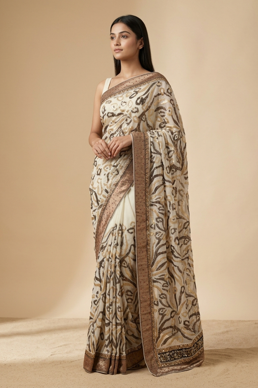 White Chiffon Embroidered Saree With Unstitched Blouse