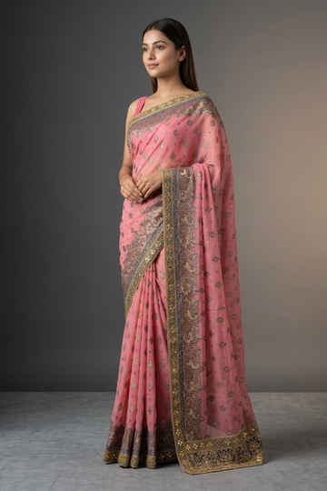 Gajari Georgette Embroidered Saree With Unstitched Blouse