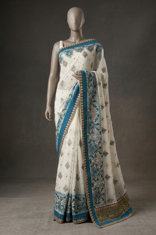 White Chiffon Embroidered Saree With Unstitched Blouse