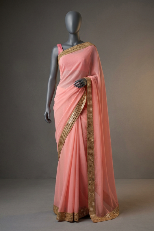Pink Chiffon Embroidered Saree With Unstitched Blouse