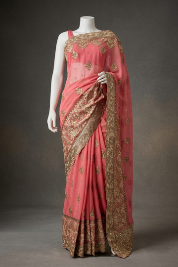 Gajari Chiffon Embroidered Saree With Unstitched Blouse