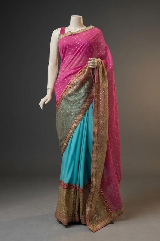 Tea Green Georgette Embroidered Saree With Unstitched Blouse