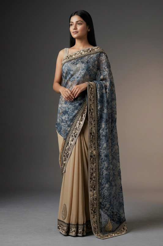 Grey Tussar Lace Georgette Embroidered Saree With Unstitched Blouse