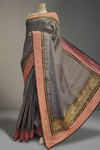Grey Tussar Embroidered Saree With Unstitched Blouse