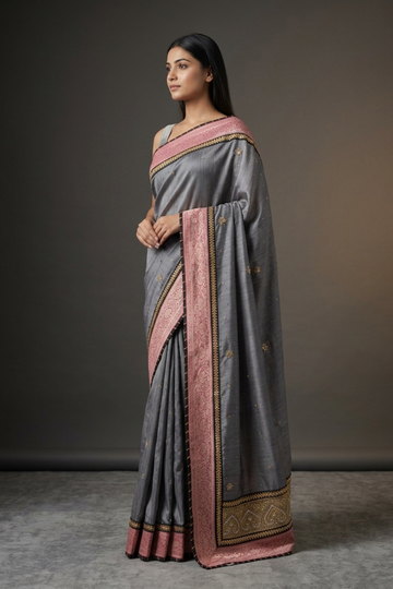 Grey Tussar Embroidered Saree With Unstitched Blouse