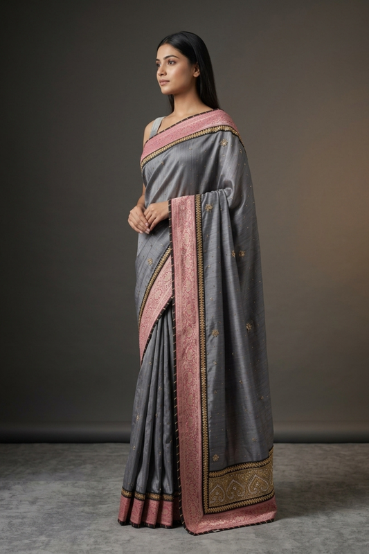 Grey Tussar Embroidered Saree With Unstitched Blouse