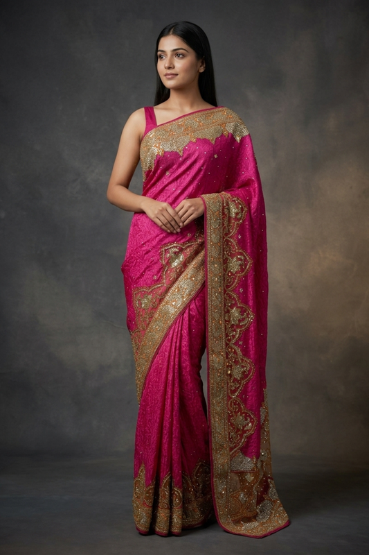Rani Jacquard Crepe Embroidered Saree With Unstitched Blouse