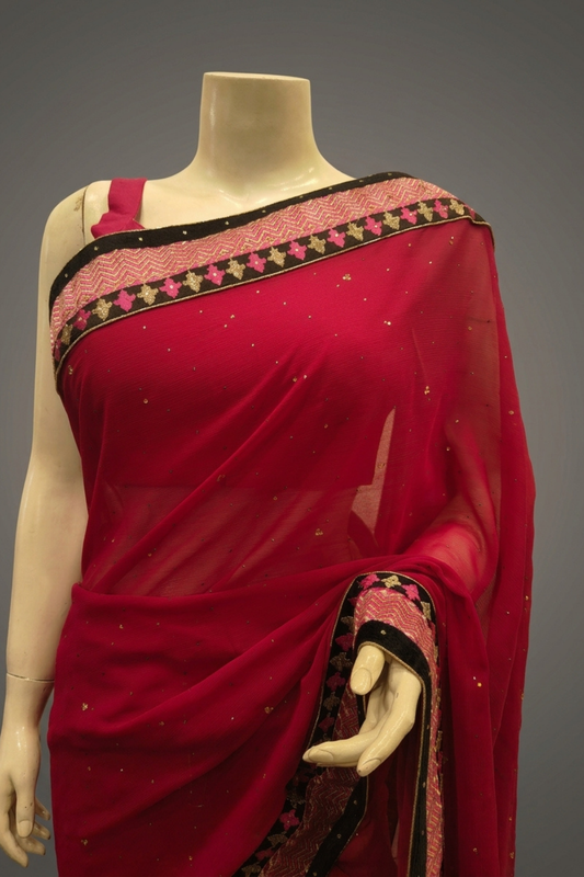 Magenta Chiffon Embroidered Saree With Unstitched Blouse