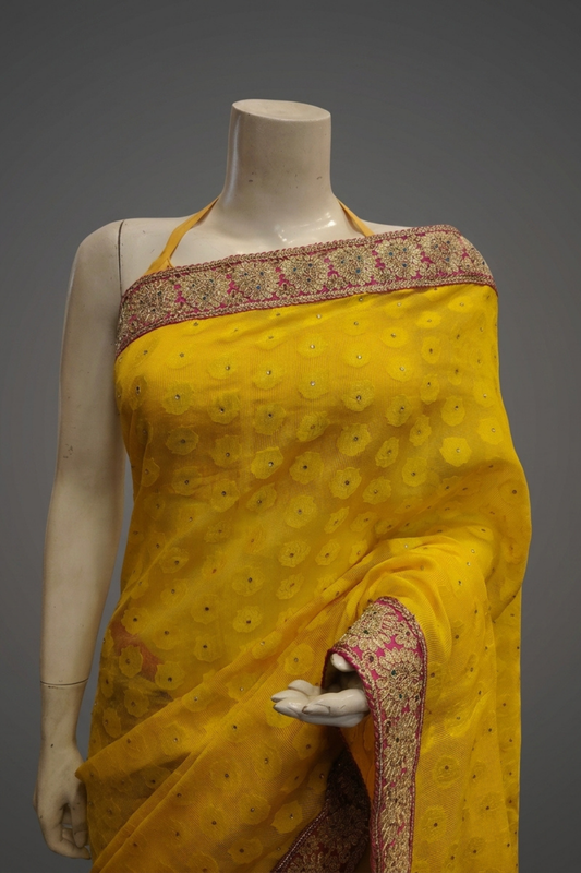 Mango Gold Georgette Embroidered Saree With Unstitched Blouse