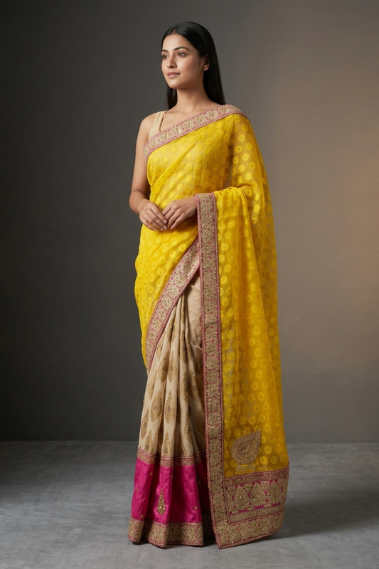 Mango Gold Georgette Embroidered Saree With Unstitched Blouse