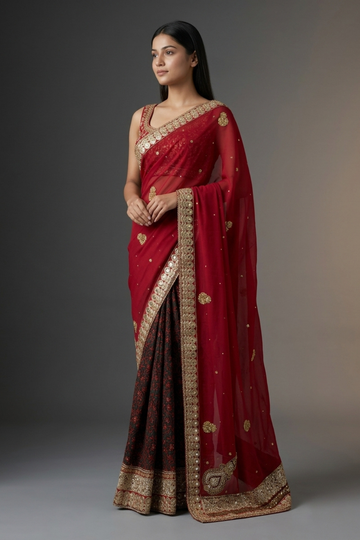 Red Georgette Crepe Embroidered Saree With Unstitched Blouse
