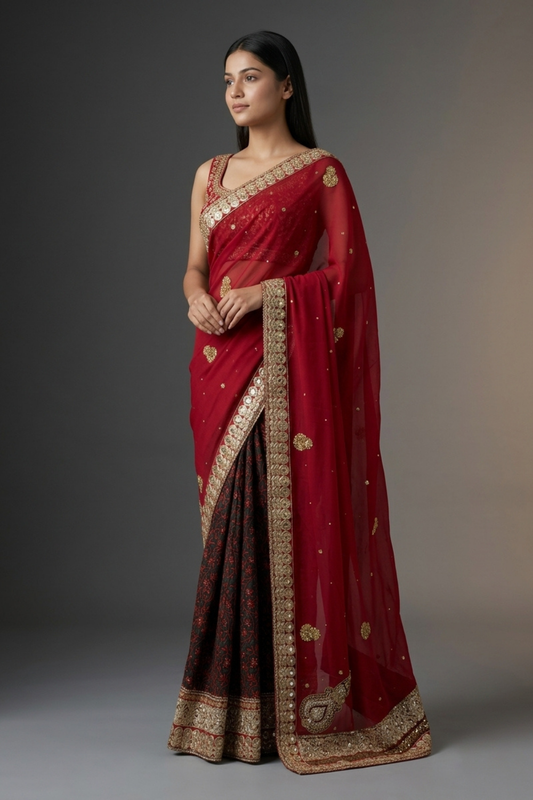 Red Georgette Crepe Embroidered Saree With Unstitched Blouse