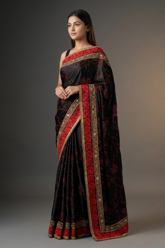 Black Satin Embroidered Saree With Unstitched Blouse