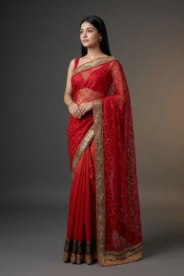 Red Braso Tussar Embroidered Saree With Unstitched Blouse