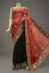 Red Black Kota Jacquard Embroidered Saree With Unstitched Blouse