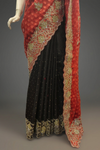 Red Black Kota Jacquard Embroidered Saree With Unstitched Blouse