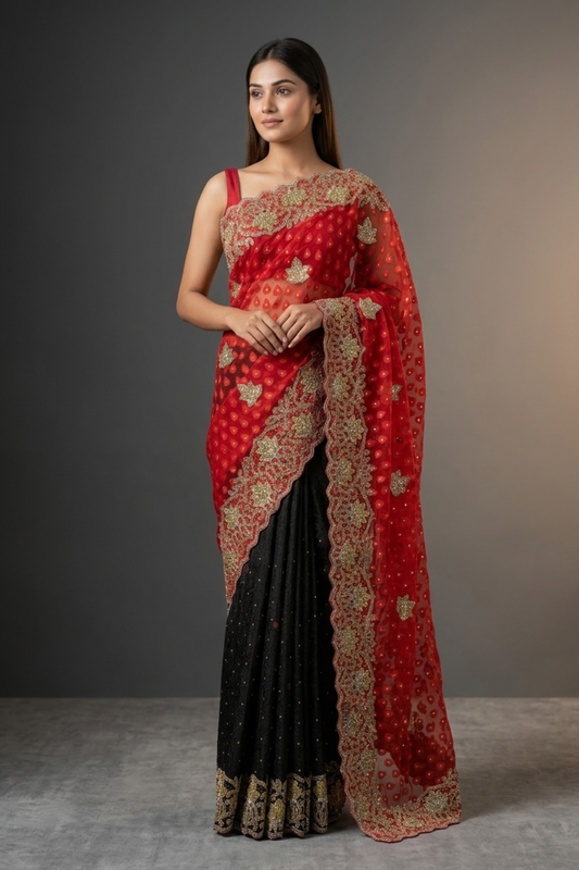 Red Black Kota Jacquard Embroidered Saree With Unstitched Blouse