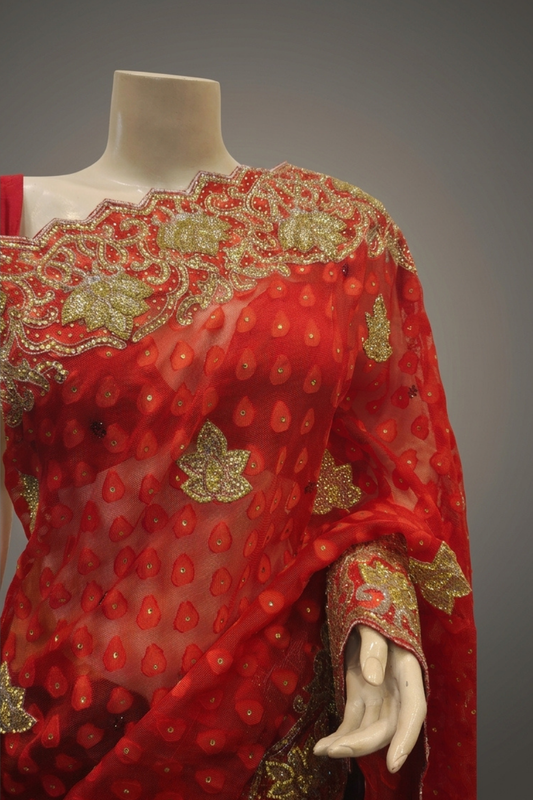 Red Black Kota Jacquard Embroidered Saree With Unstitched Blouse