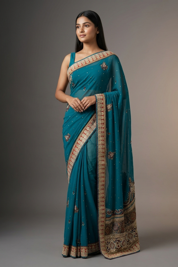 Rama Chiffon Embroidered Saree With Unstitched Blouse