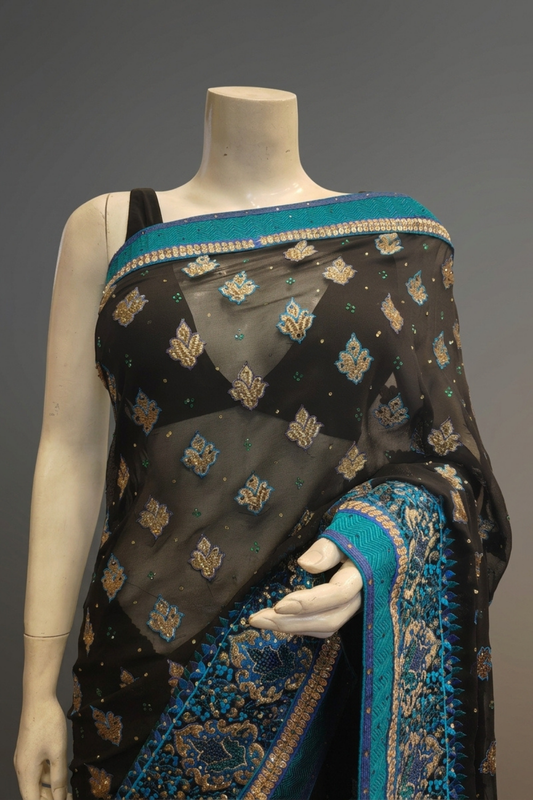 Black Georgette Embroidered Saree With Unstitched Blouse