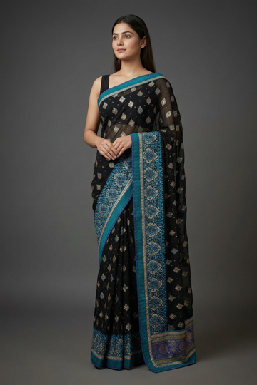 Black Georgette Embroidered Saree With Unstitched Blouse