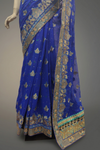 Royal Blue Chiffon Embroidered Saree With Unstitched Blouse