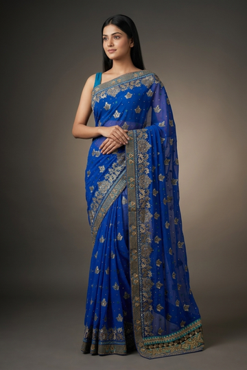 Royal Blue Chiffon Embroidered Saree With Unstitched Blouse
