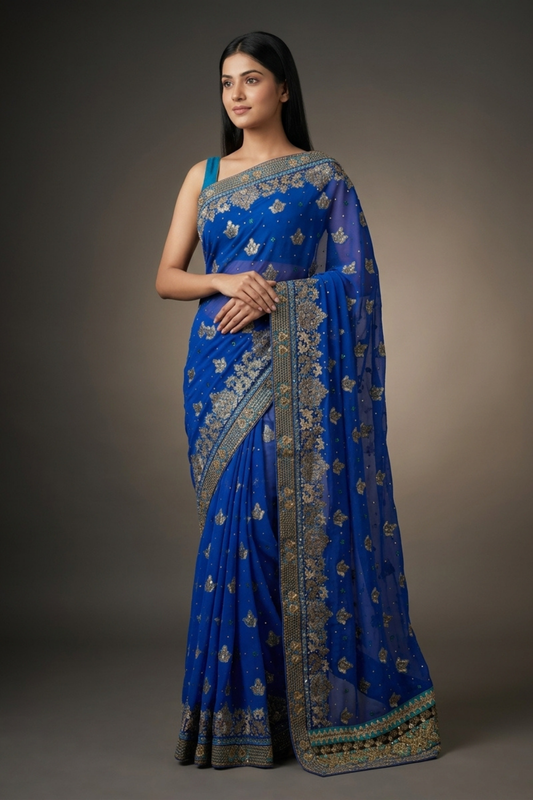 Royal Blue Chiffon Embroidered Saree With Unstitched Blouse