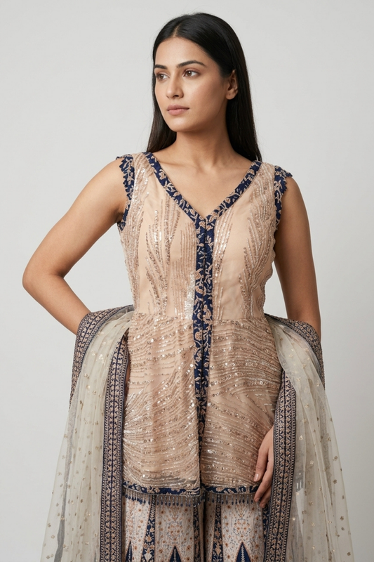 Tussar Banarasi Silk Readymade Sharara Set With Net Dupatta