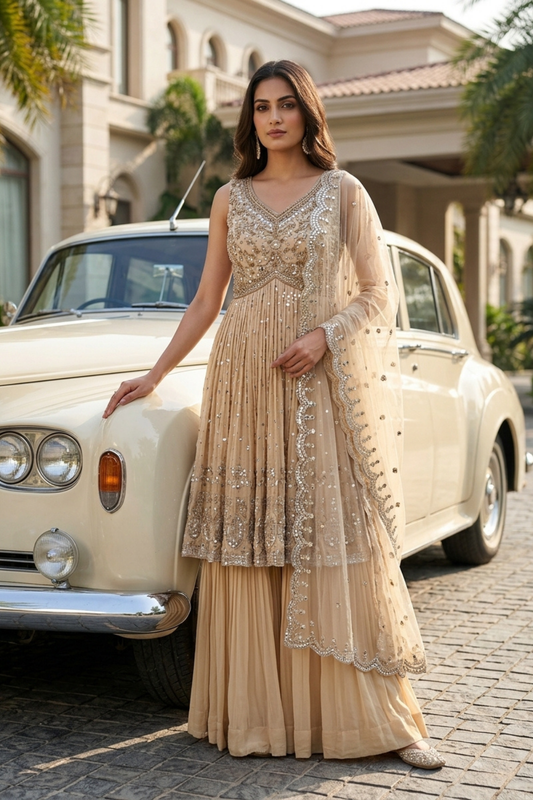 Tussar Georgette Readymade Sharara Set With Net Dupatta