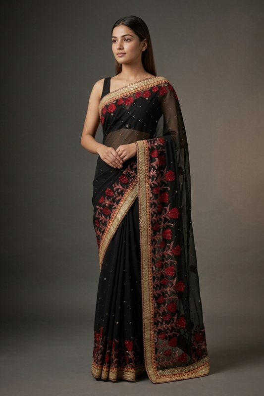 Black Chiffon Embroidered Saree With Unstitched Blouse