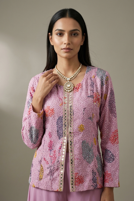 Mauve Crepe Readymade Sharara Set With Georgette Dupatta