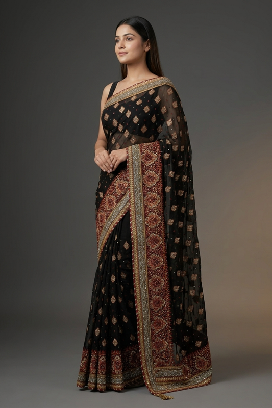 Black Georgette Embroidered Saree With Unstitched Blouse