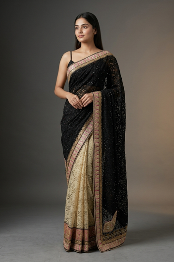 Black Lace Chiffon Embroidered Saree With Unstitched Blouse
