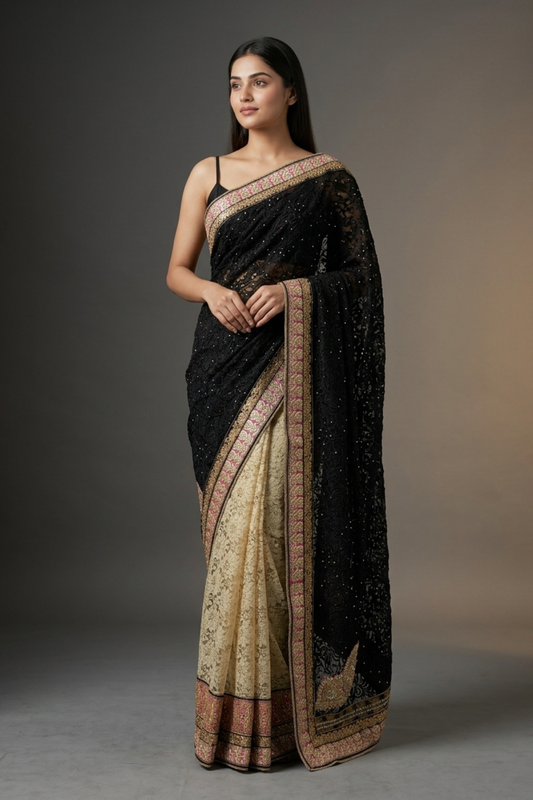 Black Lace Chiffon Embroidered Saree With Unstitched Blouse