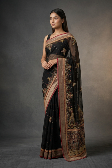 Black Chiffon Embroidered Saree With Unstitched Blouse