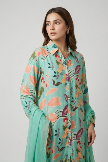 Sea Green Crepe Readymade Sharara Set With Chiffon Dupatta