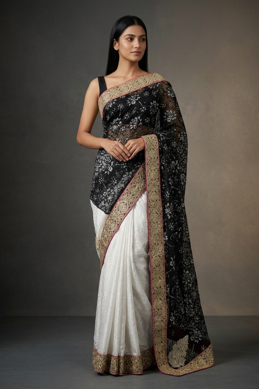 Black Lace Jacquard Crepe Embroidered Saree With Unstitched Blouse