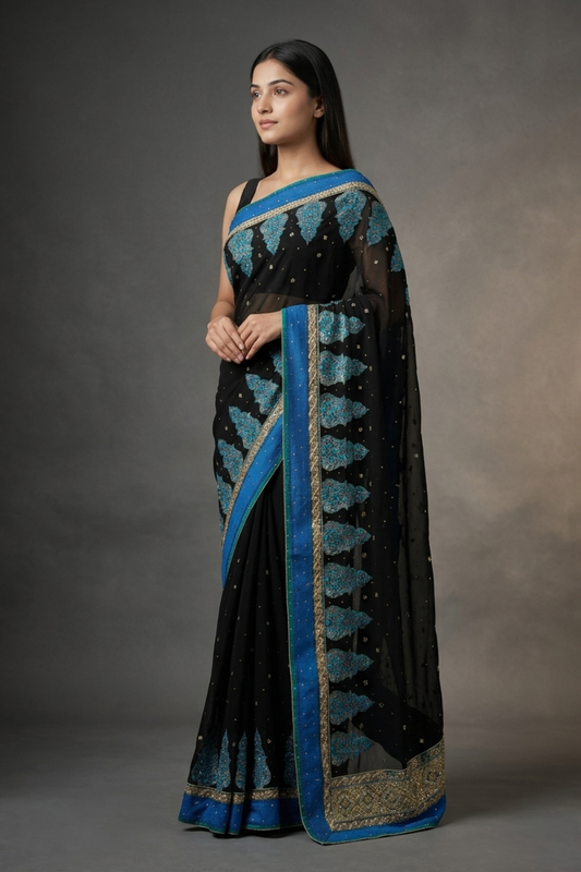 Black Georgette Embroidered Saree With Unstitched Blouse