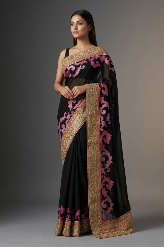 Black Chiffon Embroidered Saree With Unstitched Blouse