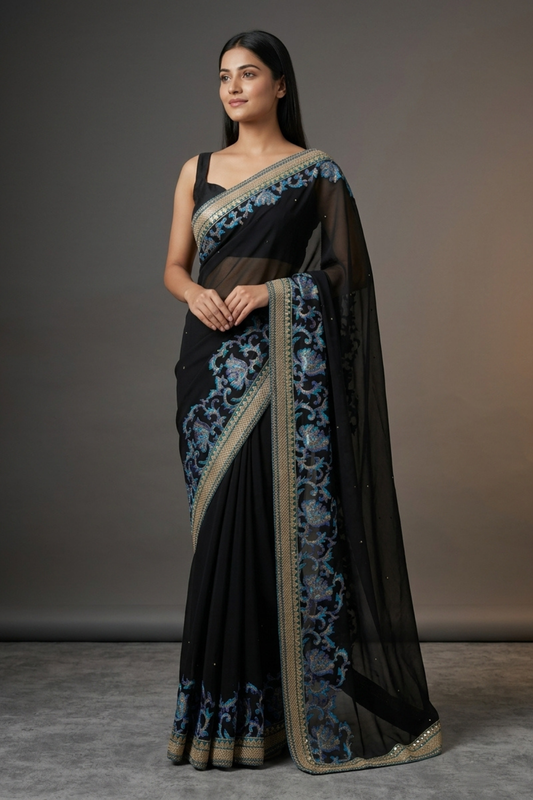 Black Chiffon Embroidered Saree With Unstitched Blouse
